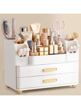 Large White Makeup Organizer with Brush Holder - Vanity Cosmetic Storage for
